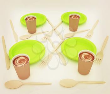 Coffe in fast-food disposable tableware. 3D illustration. Vintage style.