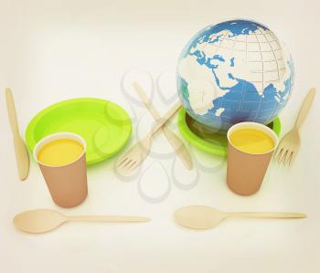 Orange juice in a fast food dishes and earth. 3D illustration. Vintage style.