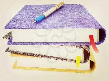 pen on notepad stack on a white background. 3D illustration. Vintage style.