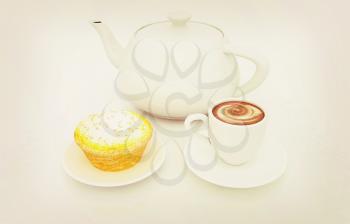 Appetizing pie and cup of coffee on a white background. 3D illustration. Vintage style.