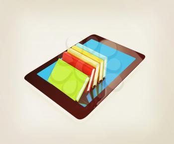 tablet pc and colorful real books on white background. 3D illustration. Vintage style.
