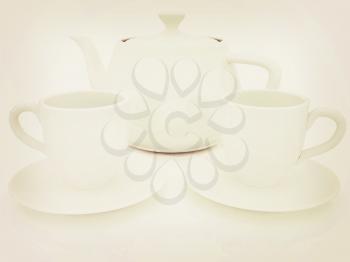 3d cups and teapot on a white background. 3D illustration. Vintage style.