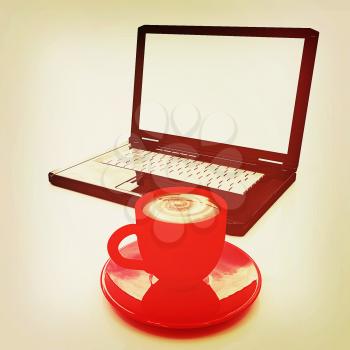 3d cup and a laptop on a white background. 3D illustration. Vintage style.