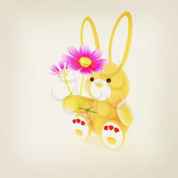 soft toy hare with a little red hearts on white paws and cosmos flower on a white background. 3D illustration. Vintage style.