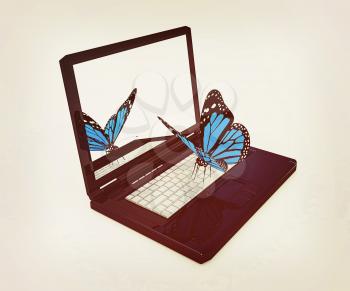 butterfly on a notebook on a white background. 3D illustration. Vintage style.