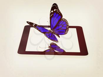 butterflies on a phone on a white background. 3D illustration. Vintage style.
