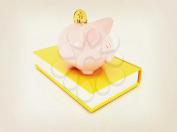 Piggy Bank with a gold dollar coin on book on a white background. 3D illustration. Vintage style.