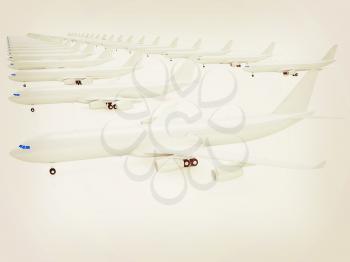 White airplanes on a white background. 3D illustration. Vintage style.