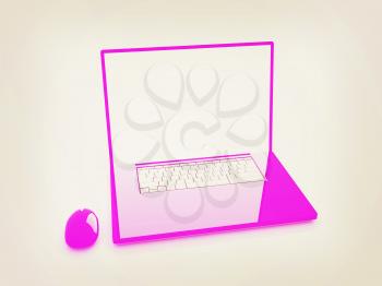 Pink laptop on a white background. 3D illustration. Vintage style.