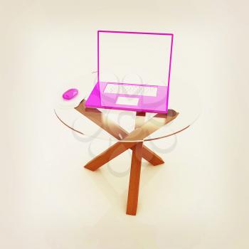 pink laptop on an exclusive table on a white background. 3D illustration. Vintage style.