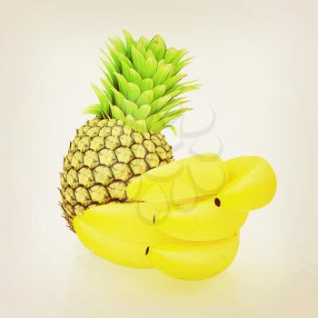 pineapple and bananas on a white background. 3D illustration. Vintage style.