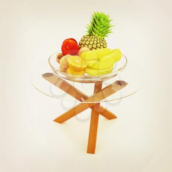 Citrus in a glass dish on exotic glass table with wooden legs on a white background. 3D illustration. Vintage style.