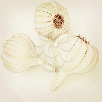 Head of garlic on a white background. 3D illustration. Vintage style.