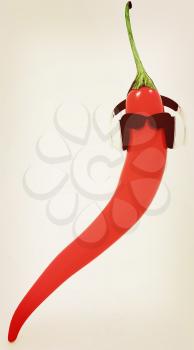 chili pepper with sun glass and headphones front face on a white background. 3D illustration. Vintage style.