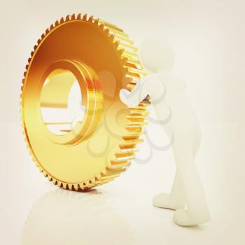 Gold gear set with 3d man on a white background. 3D illustration. Vintage style.