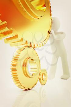 Gold gear set with 3d man on a white background. 3D illustration. Vintage style.