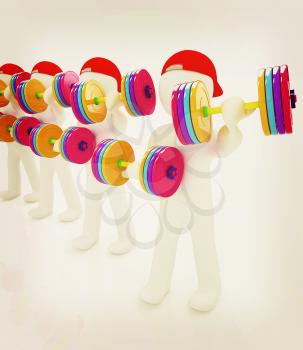3d mans with colorfull dumbbells on a white background. 3D illustration. Vintage style.