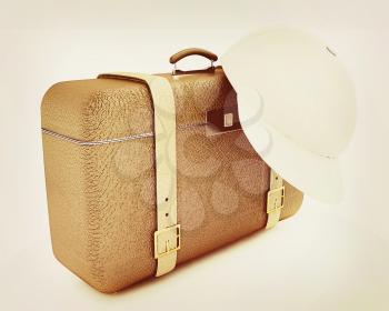Brown traveler's suitcase and peaked cap on a white background. 3D illustration. Vintage style.