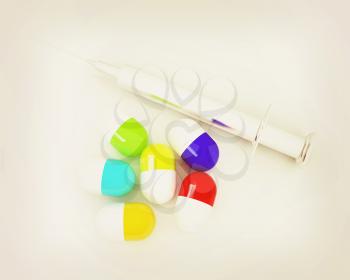Pills and syringe on a white background. 3D illustration. Vintage style.
