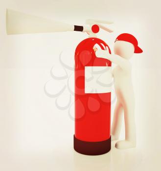 3d man with red fire extinguisher on a white background. 3D illustration. Vintage style.