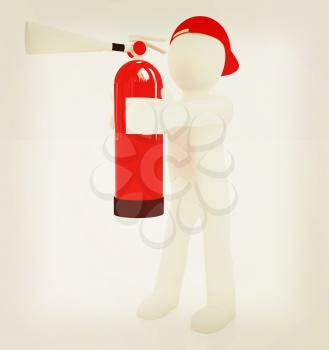 3d man with red fire extinguisher on a white background. 3D illustration. Vintage style.
