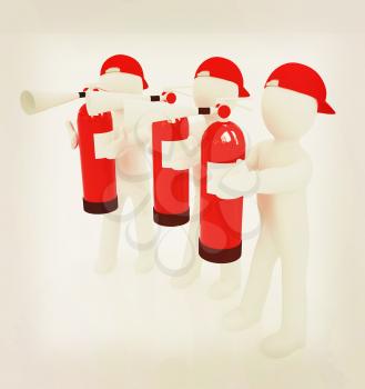 3d mans with red fire extinguisher on a white background. 3D illustration. Vintage style.