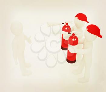 3d mans with red fire extinguisher. The concept of confrontation on a white background. 3D illustration. Vintage style.