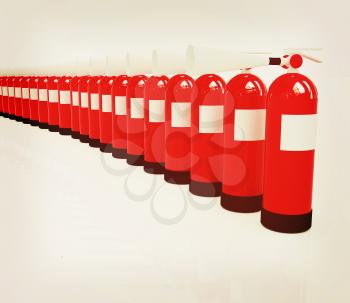 Red fire extinguishers on a white background. 3D illustration. Vintage style.