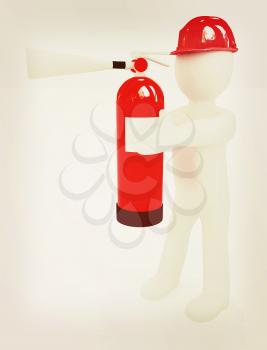 3d man in hardhat with red fire extinguisher on a white background. 3D illustration. Vintage style.