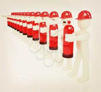 3d mans in hardhat with red fire extinguisher on a white background. 3D illustration. Vintage style.
