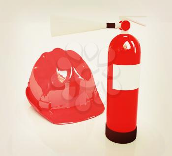 Red fire extinguisher and hardhat on a white background. 3D illustration. Vintage style.