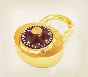 Illustration of security concept with gold locked combination pad lock on a white background. 3D illustration. Vintage style.
