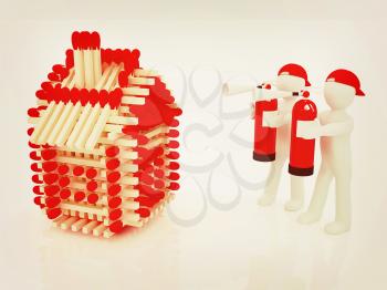 3d man with red fire extinguisher and log houses from matches pattern on white . 3D illustration. Vintage style.