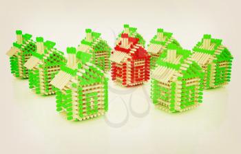 Log houses from matches pattern with the best percent on white . 3D illustration. Vintage style.