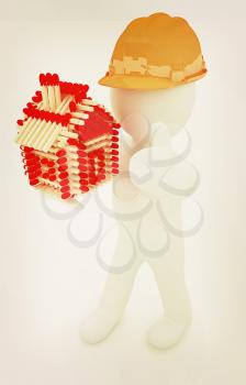 3d architect man in a hard hat with thumb up with log house from matches pattern. 3d image. Isolated on white background. . 3D illustration. Vintage style.