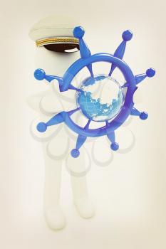 Sailor with steering wheel and earth. Trip around the world concept on a white background. 3D illustration. Vintage style.