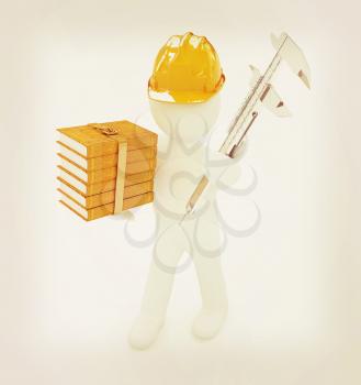 3d man engineer in hard hat with vernier caliper and best technical educational literature on a white background. 3D illustration. Vintage style.