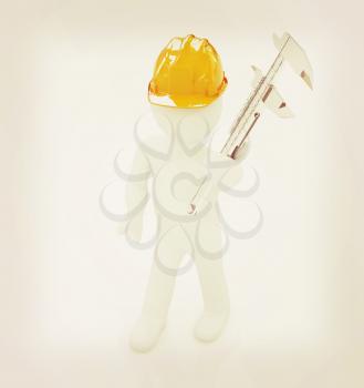 3d man engineer in hard hat with vernier caliper on a white background. 3D illustration. Vintage style.