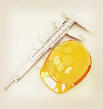 Vernier caliper and yellow hard hat 3d on a white background. 3D illustration. Vintage style.