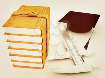 Vernier caliper, books and graduation hat. The best professional edication concept on a white background. 3D illustration. Vintage style.