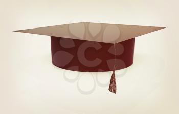 Graduation hat on a white background. 3D illustration. Vintage style.