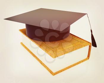 Graduation hat on a leather book on a white background. 3D illustration. Vintage style.