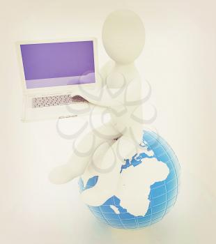 3d man sitting on earth and working at his laptop on a white background. 3D illustration. Vintage style.