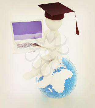 3d man in graduation hat sitting on earth and working at his laptop on a white background. 3D illustration. Vintage style.