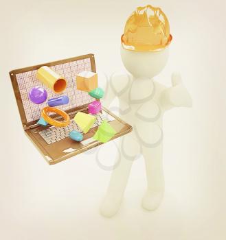 3D small people - an engineer with the laptop presents 3D capabilities on a white background. 3D illustration. Vintage style.