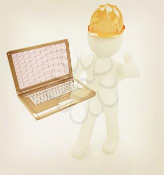 3D small people - an engineer with the laptop on a white background. 3D illustration. Vintage style.