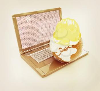 Hard hat and earth on a laptop on a white background. 3D illustration. Vintage style.