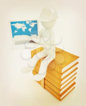 3d man in hard hat sitting on books and working at his laptop on a white background. 3D illustration. Vintage style.