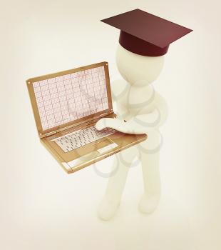 3d man in graduation hat with laptop on a white background. 3D illustration. Vintage style.
