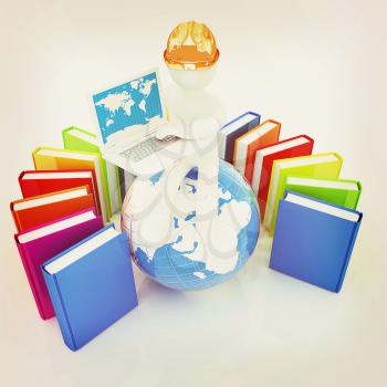 3d man in hard hat sitting on earth and working at his laptop and books around his on a white background. 3D illustration. Vintage style.